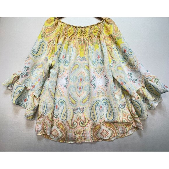 Zac & Rachel Off Shoulder Blouse Top Womens 2X Yellow Paisley Floral Smocked - Picture 13 of 13